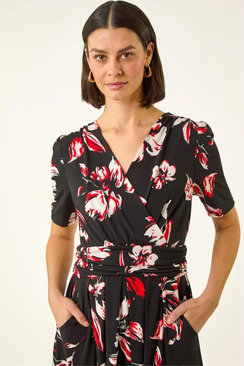 Roman Red Floral Wrap Midi Dress - Size 18 Image 4
