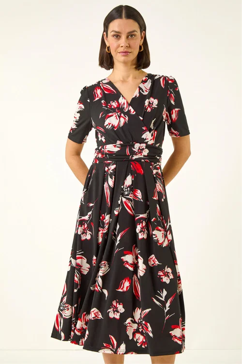 Roman Red Floral Wrap Midi Dress - Size 18 Image 2