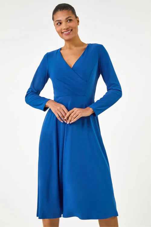 Roman Royal Blue Wrap Bodice Tie Waist Midi Dress - Size 20 Image 2