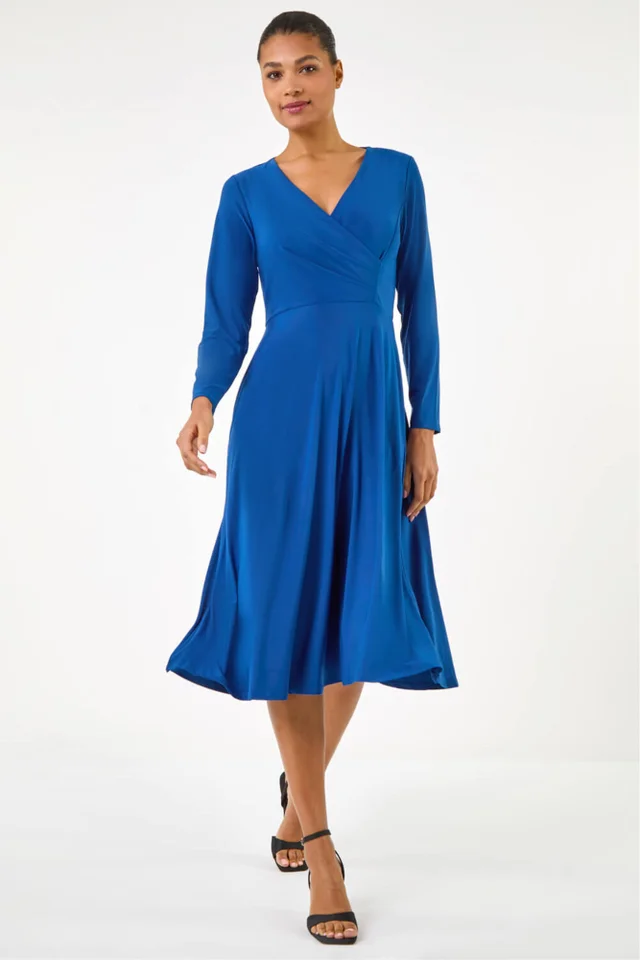 Roman Royal Blue Wrap Bodice Tie Waist Midi Dress