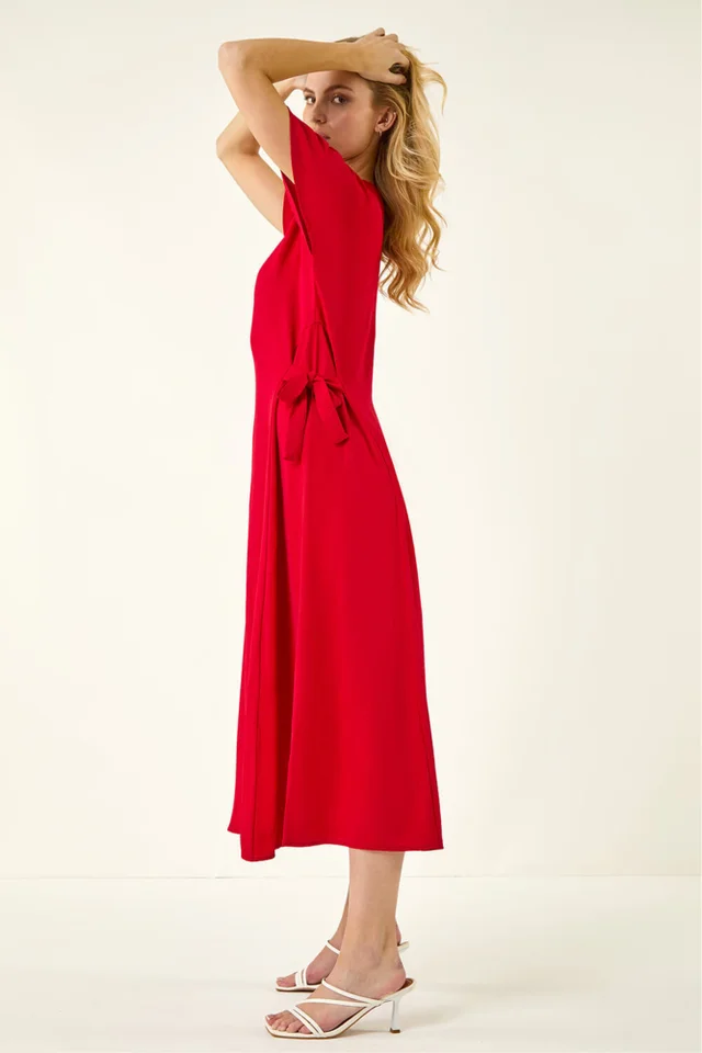 Roman Red Side Tie Detail Midi Dress