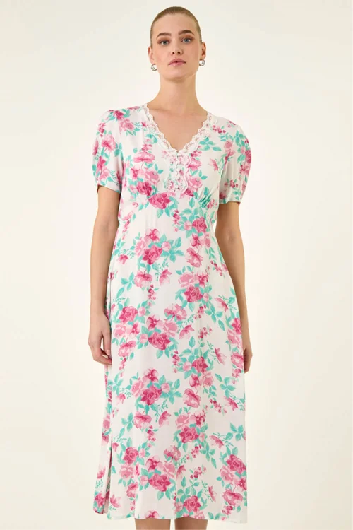 Roman Ivory Floral Lace Trim Midi Dress - Size 20 Image 4