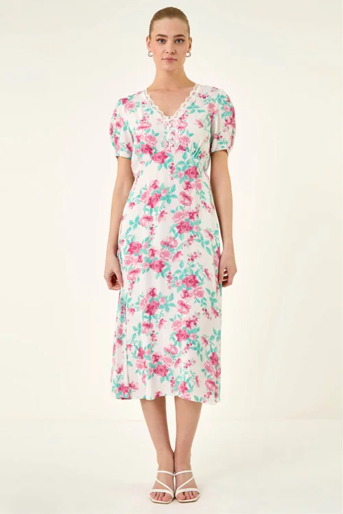 Roman Ivory Floral Lace Trim Midi Dress - Size 20 Image 2