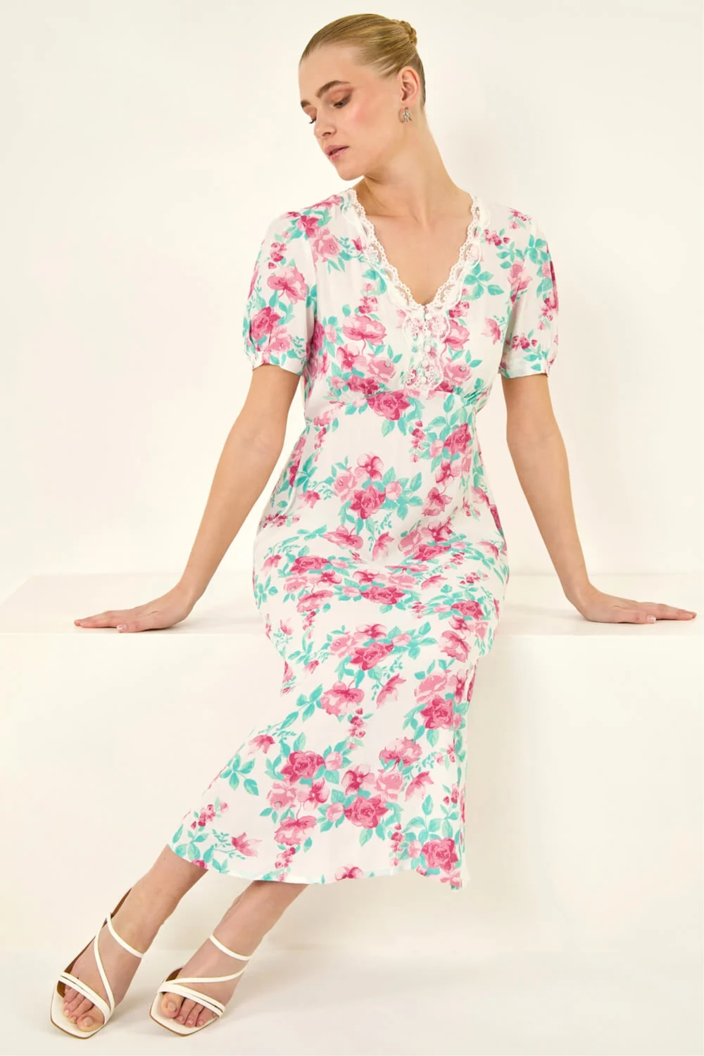 Roman Ivory Floral Lace Trim Midi Dress - Size 20 Image 1