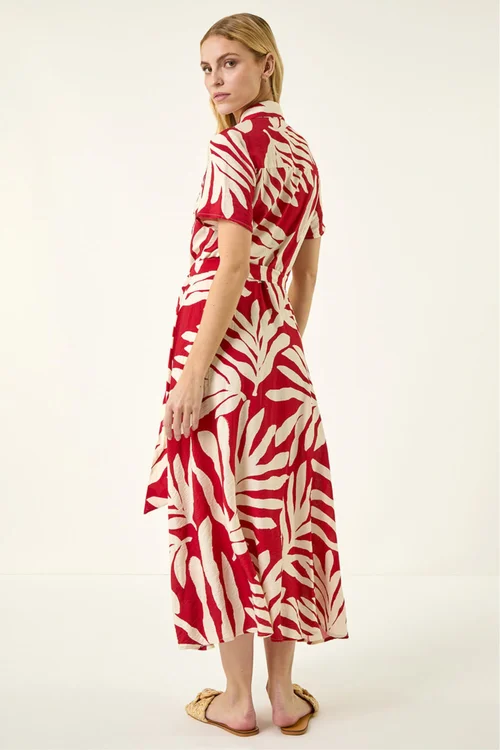 Roman Red Leaf Print Belted Midi Shirt Dress - Size 20 Image 3