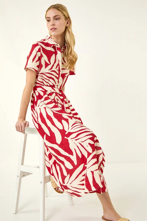 Roman Red Leaf Print Belted Midi Shirt Dress - Size 20 Image 1