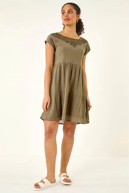 Roman Khaki Cotton Trim Detail Mini Dress - 10 Image 1