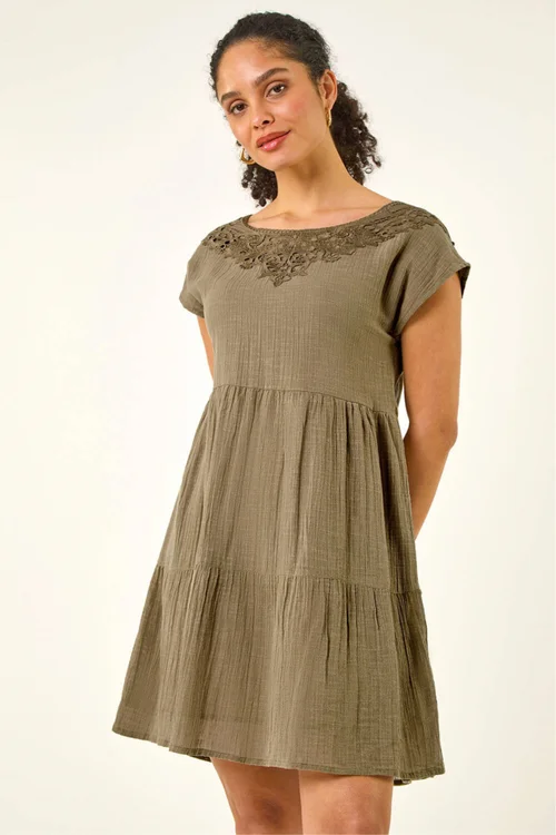 Roman Khaki Cotton Trim Detail Mini Dress - 10 Image 2