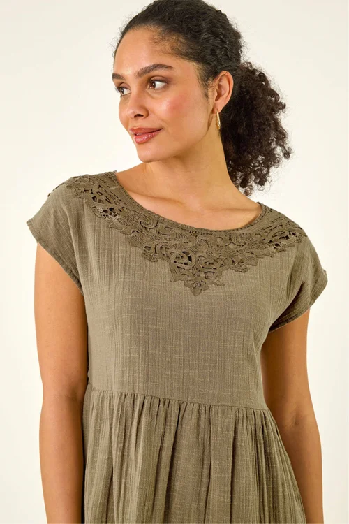 Roman Khaki Cotton Trim Detail Mini Dress - 10 Image 4