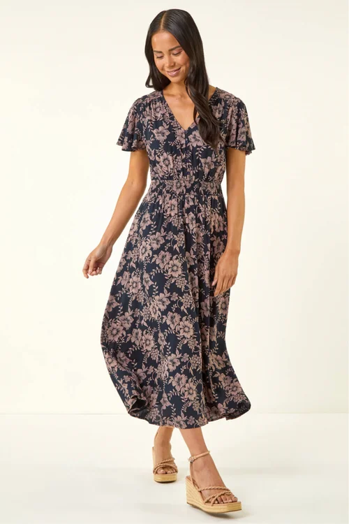 Roman Navy Petite Floral Shirred Midi Dress - 12 Image 2