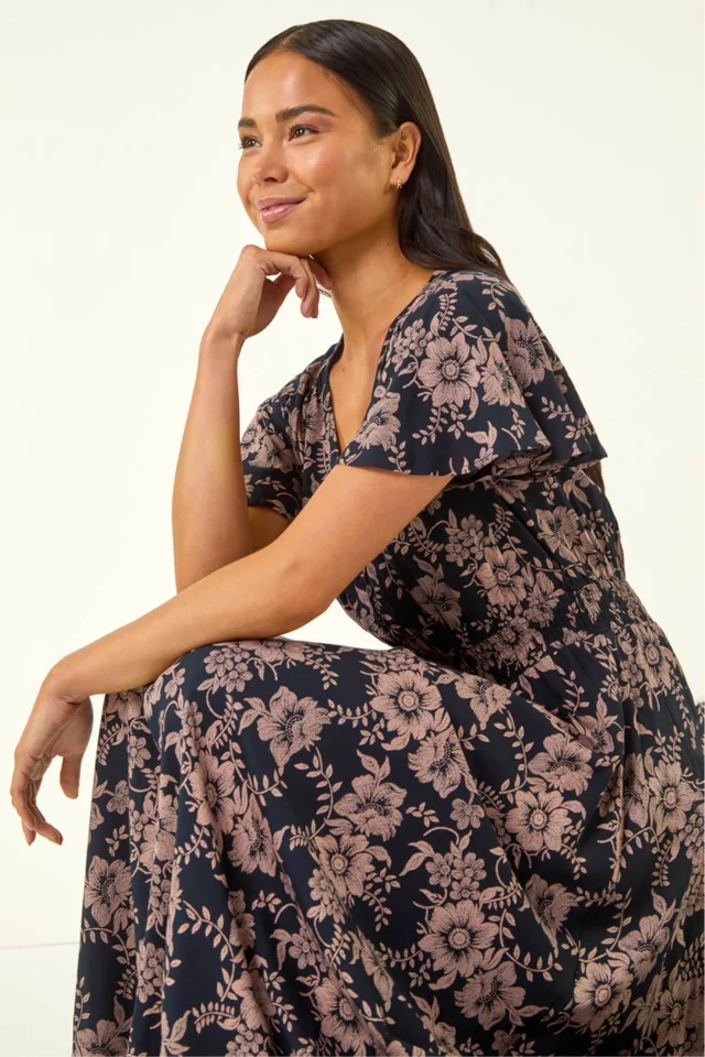 Roman Navy Petite Floral Shirred Midi Dress