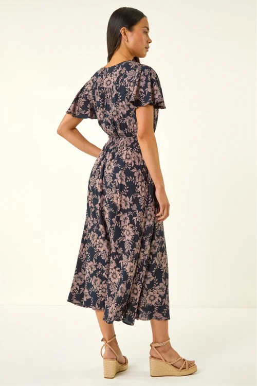 Roman Navy Petite Floral Shirred Midi Dress - 12 Image 3