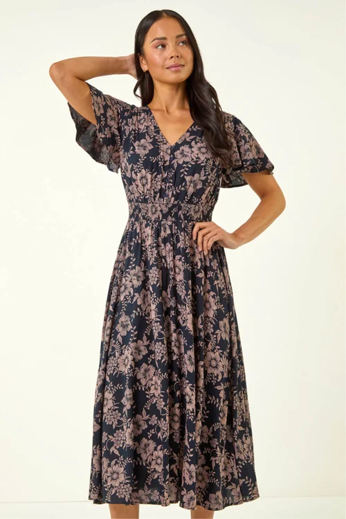 Roman Navy Petite Floral Shirred Midi Dress - 12 Image 4