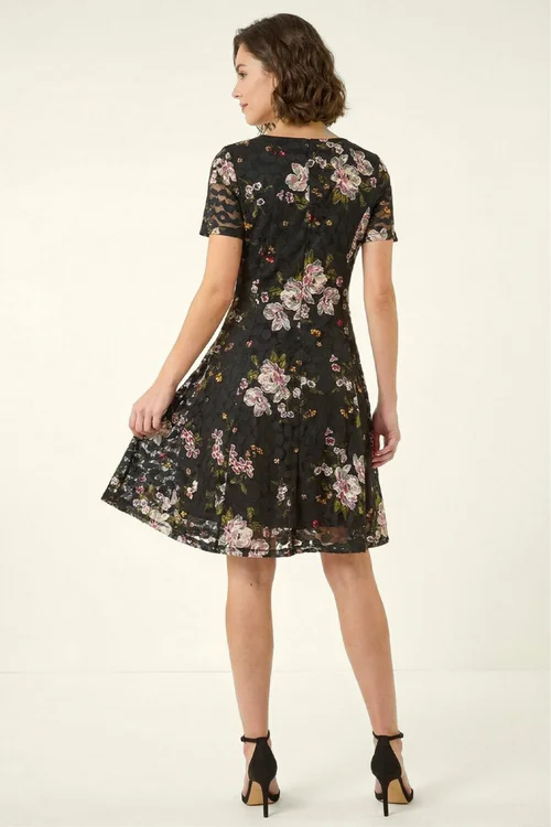 Roman Black Floral Print Lace Stretch Dress - 16 Image 3