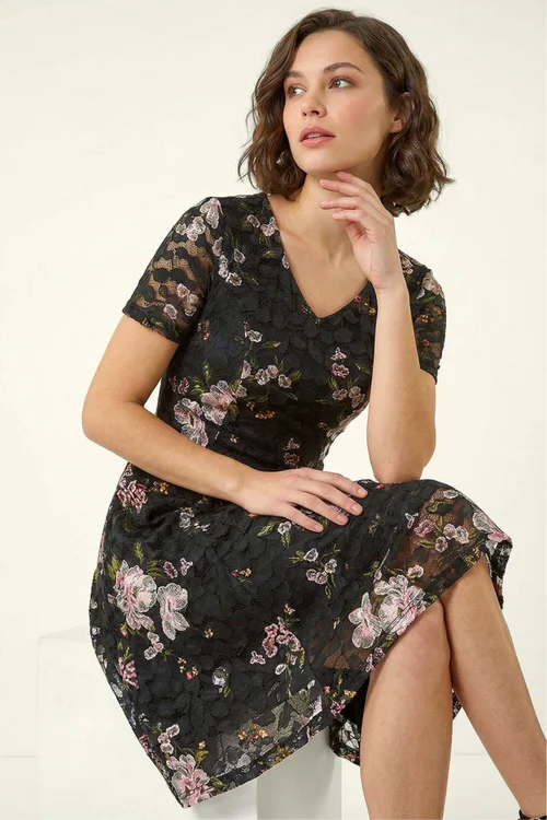 Roman Black Floral Print Lace Stretch Dress - 16 Image 2