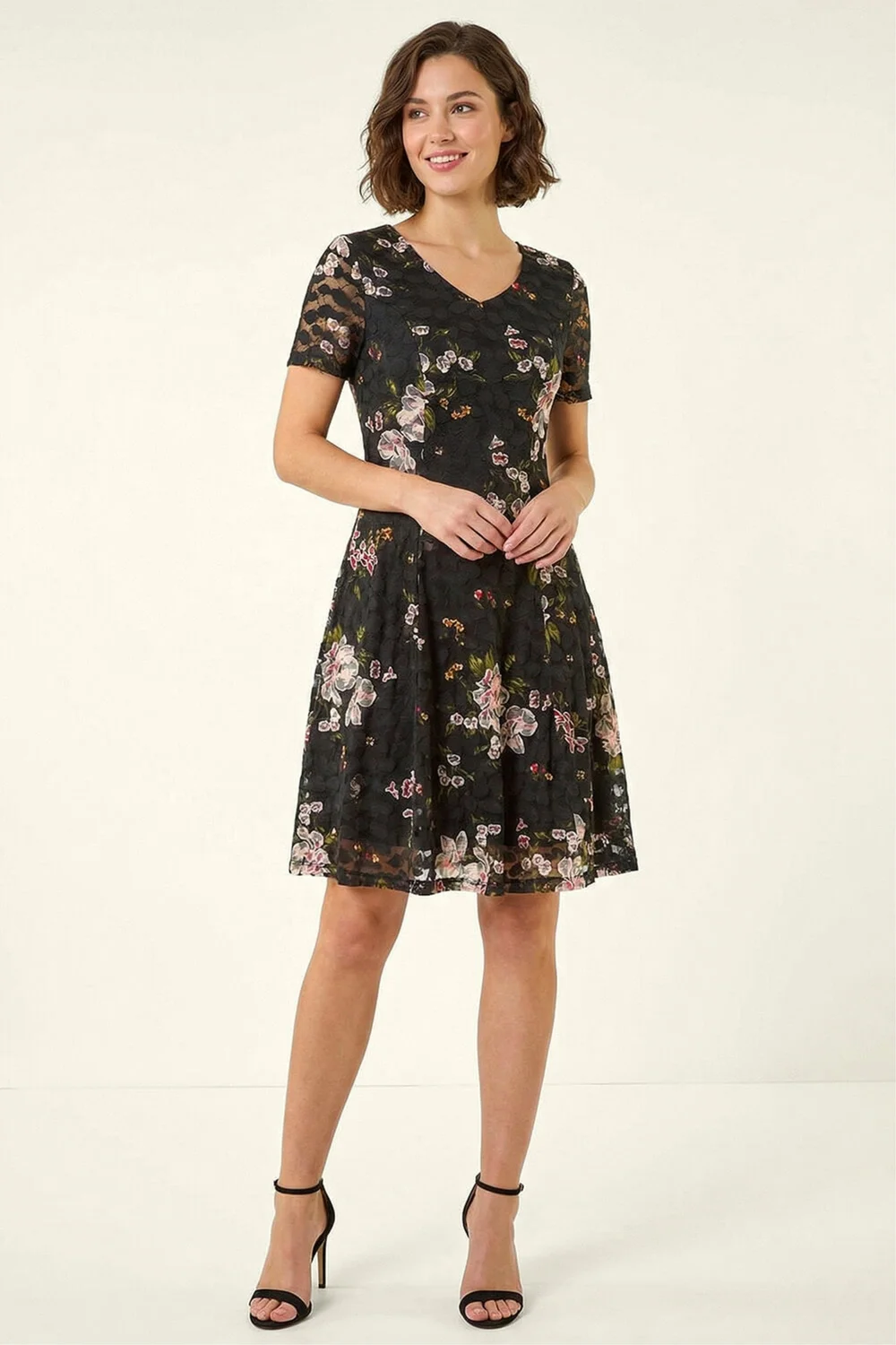 Roman Black Floral Print Lace Stretch Dress - 16 Image 1