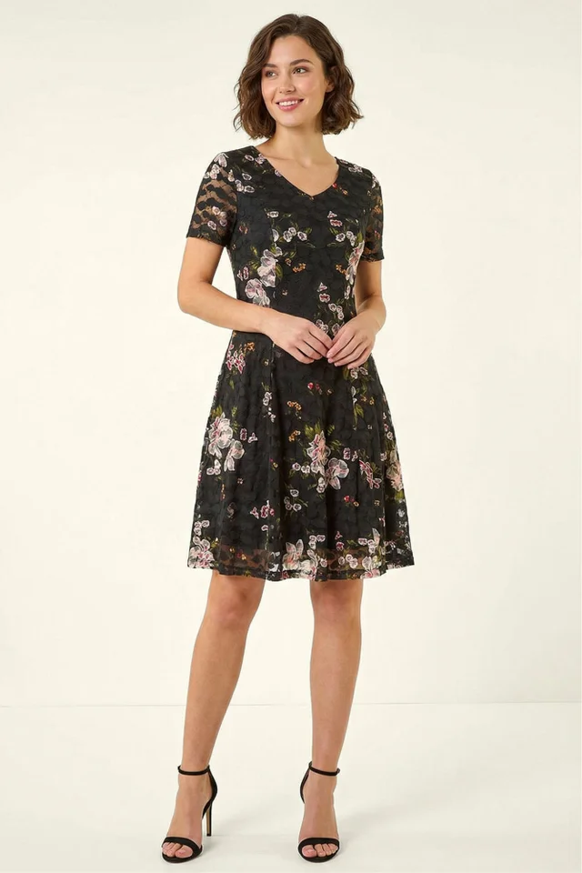 Roman Black Floral Print Lace Stretch Dress