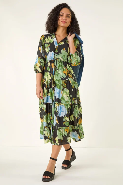 Roman Green Floral Tiered Button Midi Dress - 20 Image 3
