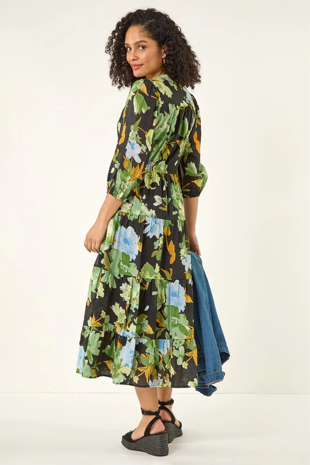 Roman Green Floral Tiered Button Midi Dress - 20 Image 4