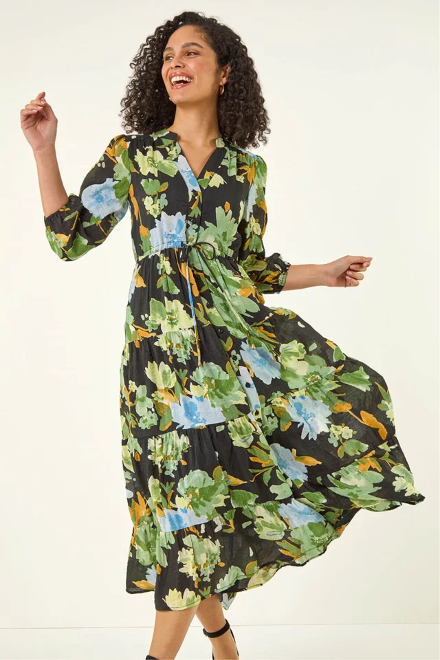 Roman Green Floral Tiered Button Midi Dress