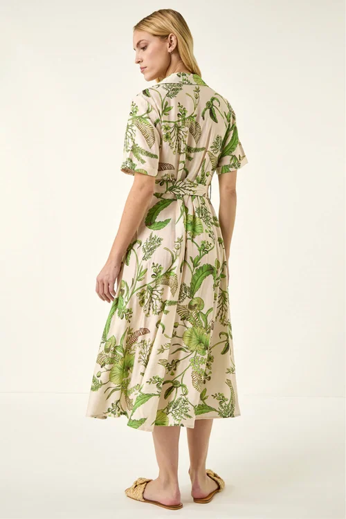 Roman Green Floral Tie Waist Shirt Dress - 10 Image 3