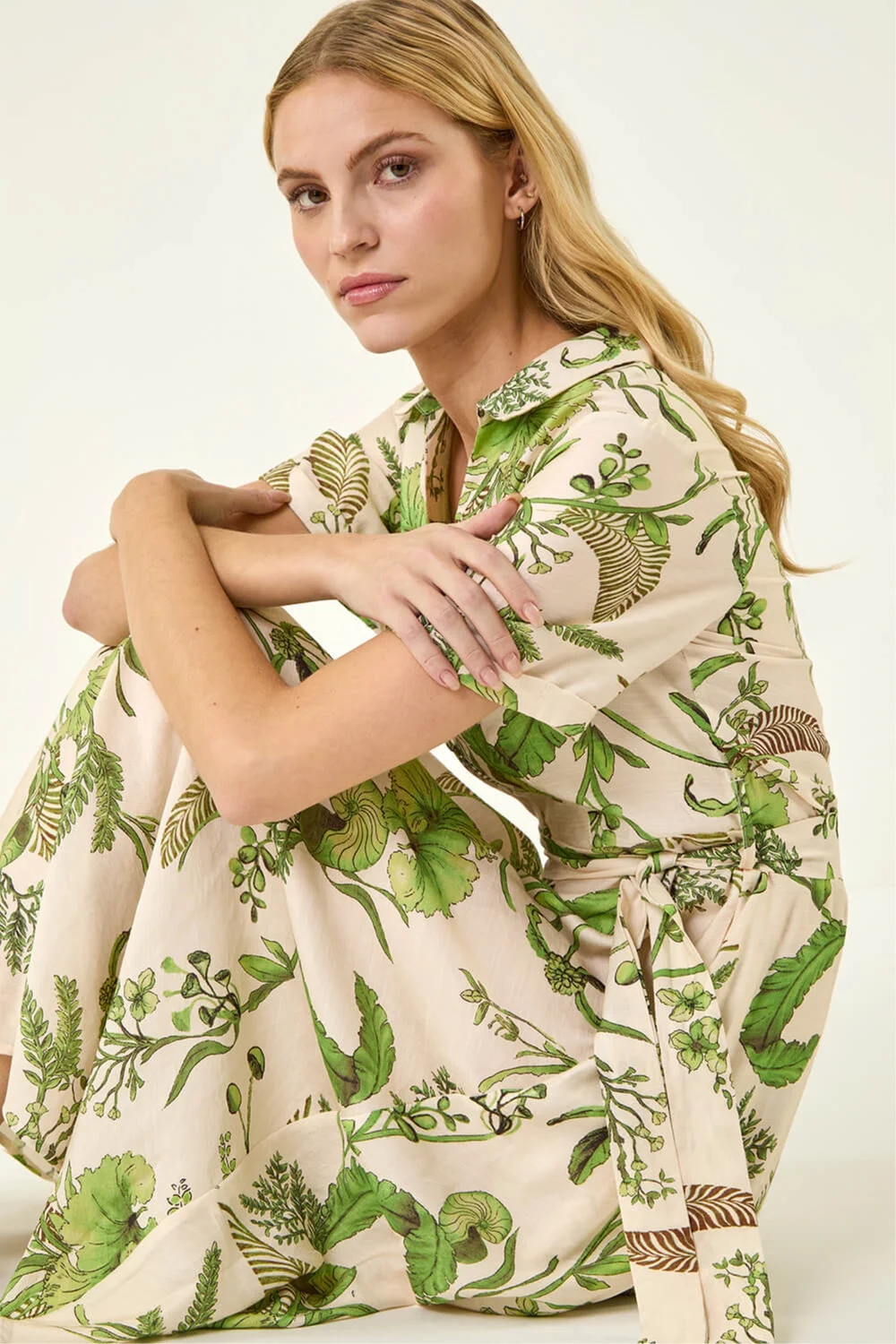 Roman Green Floral Tie Waist Shirt Dress - 10 Image 1