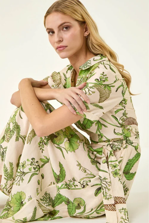 Roman Green Floral Tie Waist Shirt Dress - 10 Image 1