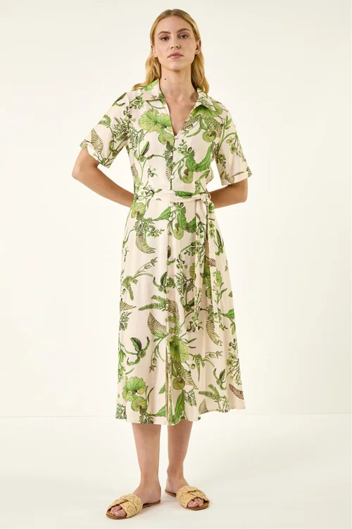 Roman Green Floral Tie Waist Shirt Dress - 10 Image 2