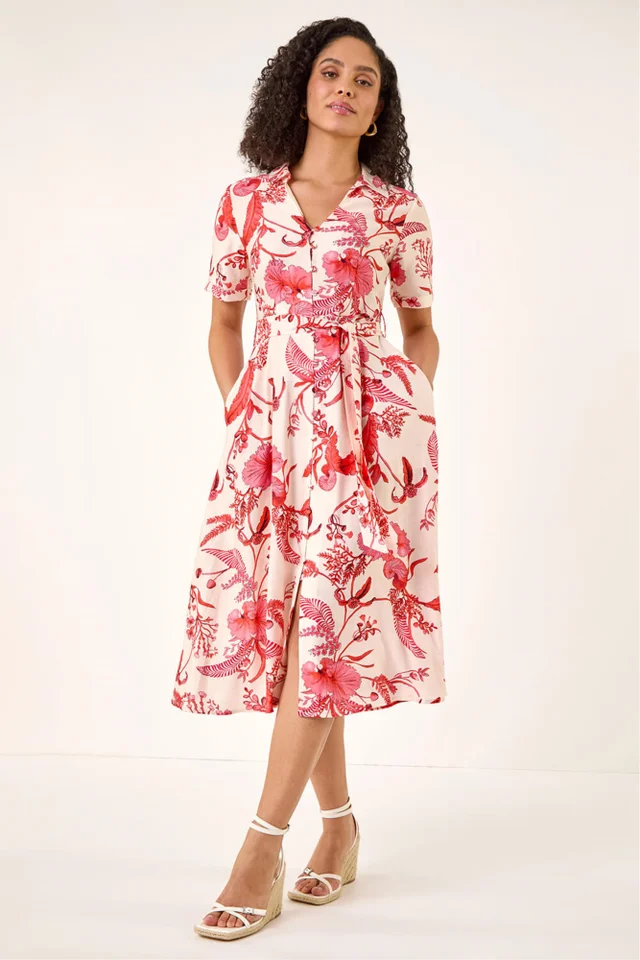 Roman Coral Floral Tie Waist Shirt Dress