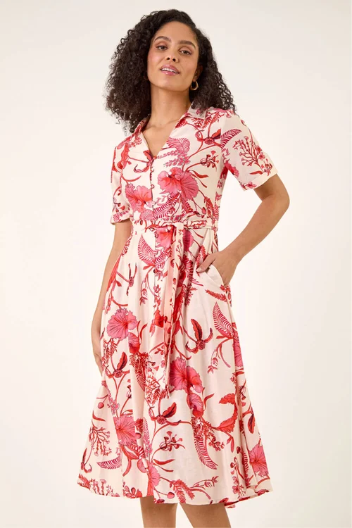 Roman Coral Floral Tie Waist Shirt Dress - 10 Image 2