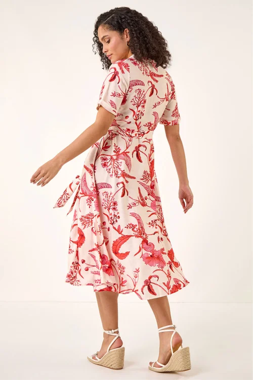 Roman Coral Floral Tie Waist Shirt Dress - 10 Image 3