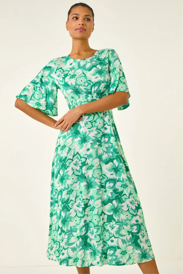 Roman Teal Floral Print Angel Sleeve Midi Dress