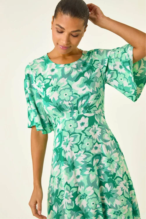 Roman Teal Floral Print Angel Sleeve Midi Dress - 10 Image 4