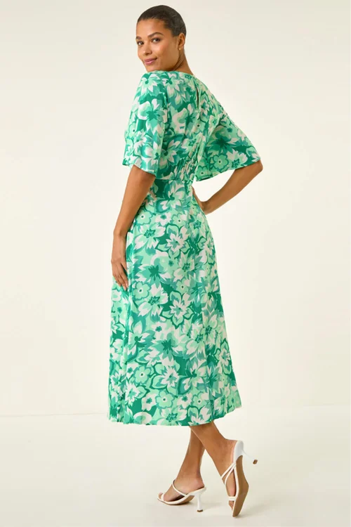 Roman Teal Floral Print Angel Sleeve Midi Dress - 10 Image 3