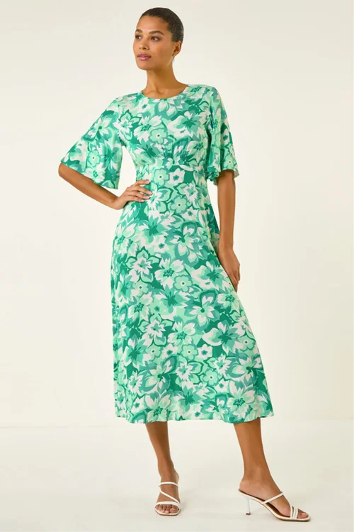 Roman Teal Floral Print Angel Sleeve Midi Dress - 10 Image 2