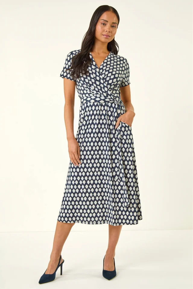 Roman Blue Petite Geometric Tie Waist Wrap Dress