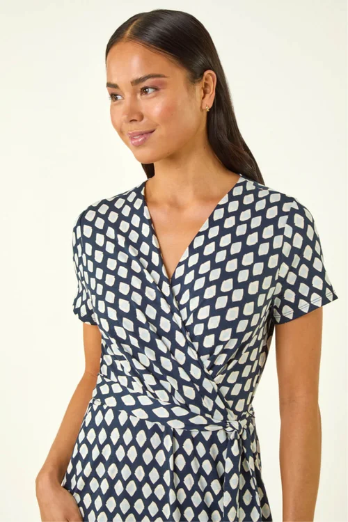 Roman Blue Petite Geometric Tie Waist Wrap Dress - Size 8 Image 4