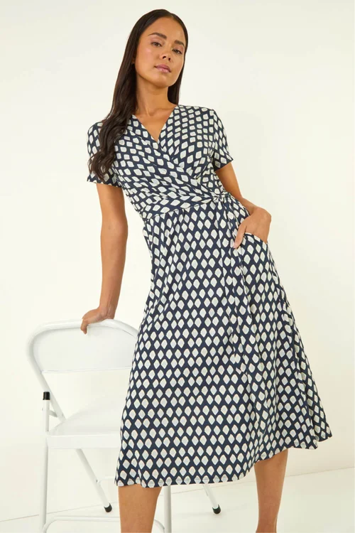 Roman Blue Petite Geometric Tie Waist Wrap Dress - Size 8 Image 1