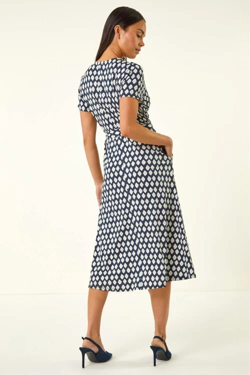 Roman Blue Petite Geometric Tie Waist Wrap Dress - Size 8 Image 3