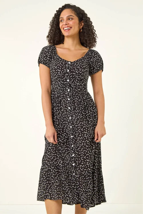 Roman Black Spotty Heart Button Midi Dress - Size 20 Image 4
