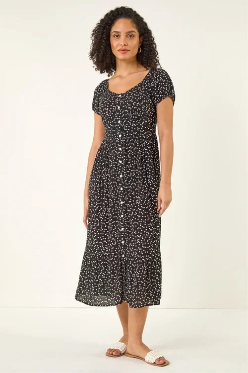 Roman Black Spotty Heart Button Midi Dress - Size 20 Image 2