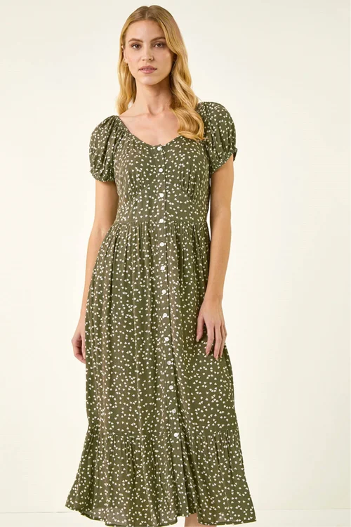 Roman Khaki Spotty Heart Button Midi Dress - Size 16 Image 4