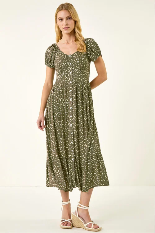 Roman Khaki Spotty Heart Button Midi Dress - Size 16 Image 2