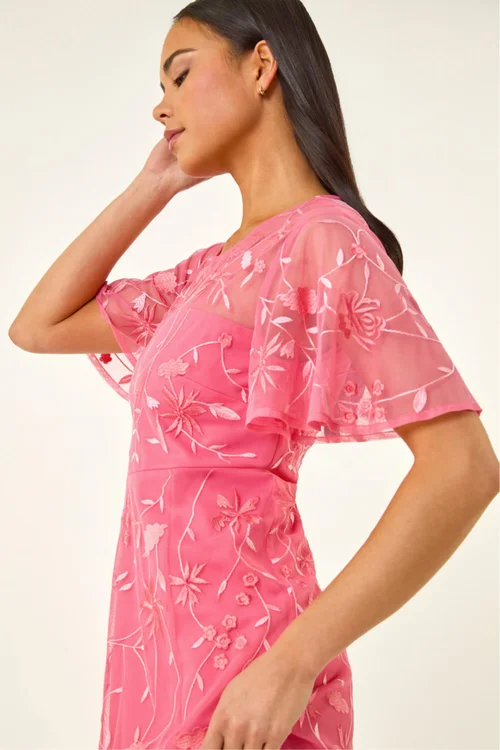 Roman Coral Petite Embroidered Mesh Midi Dress - Size 18 Image 1