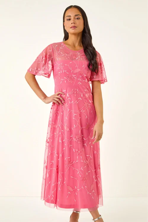 Roman Coral Petite Embroidered Mesh Midi Dress - Size 18 Image 4