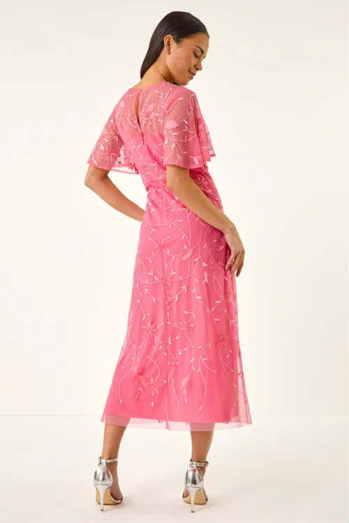 Roman Coral Petite Embroidered Mesh Midi Dress - Size 18 Image 3