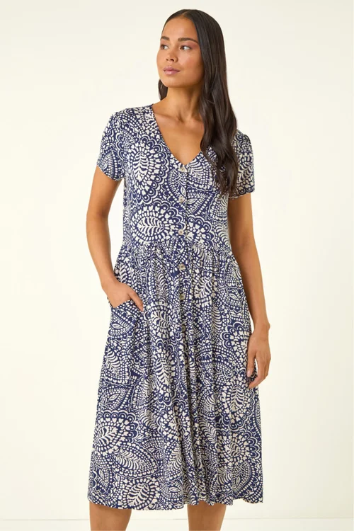 Roman Navy Petite Abstract Button Pocket Stretch Dress - Size 16 Image 4