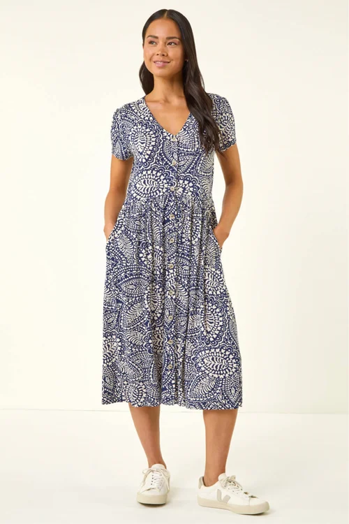 Roman Navy Petite Abstract Button Pocket Stretch Dress - Size 16 Image 2