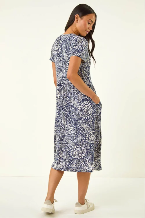 Roman Navy Petite Abstract Button Pocket Stretch Dress - Size 16 Image 3