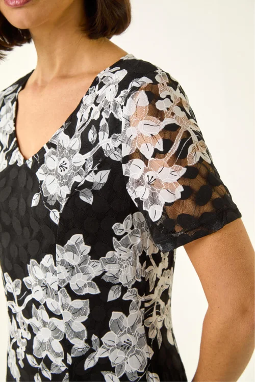 Roman Black Floral Lace Stretch Dress - Size 16 Image 4